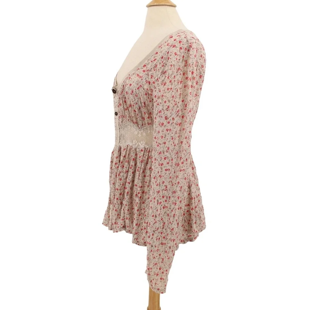 Free People Tunic Small Lace Knit snap‎ up long sleeve boho grunge Cottagecore